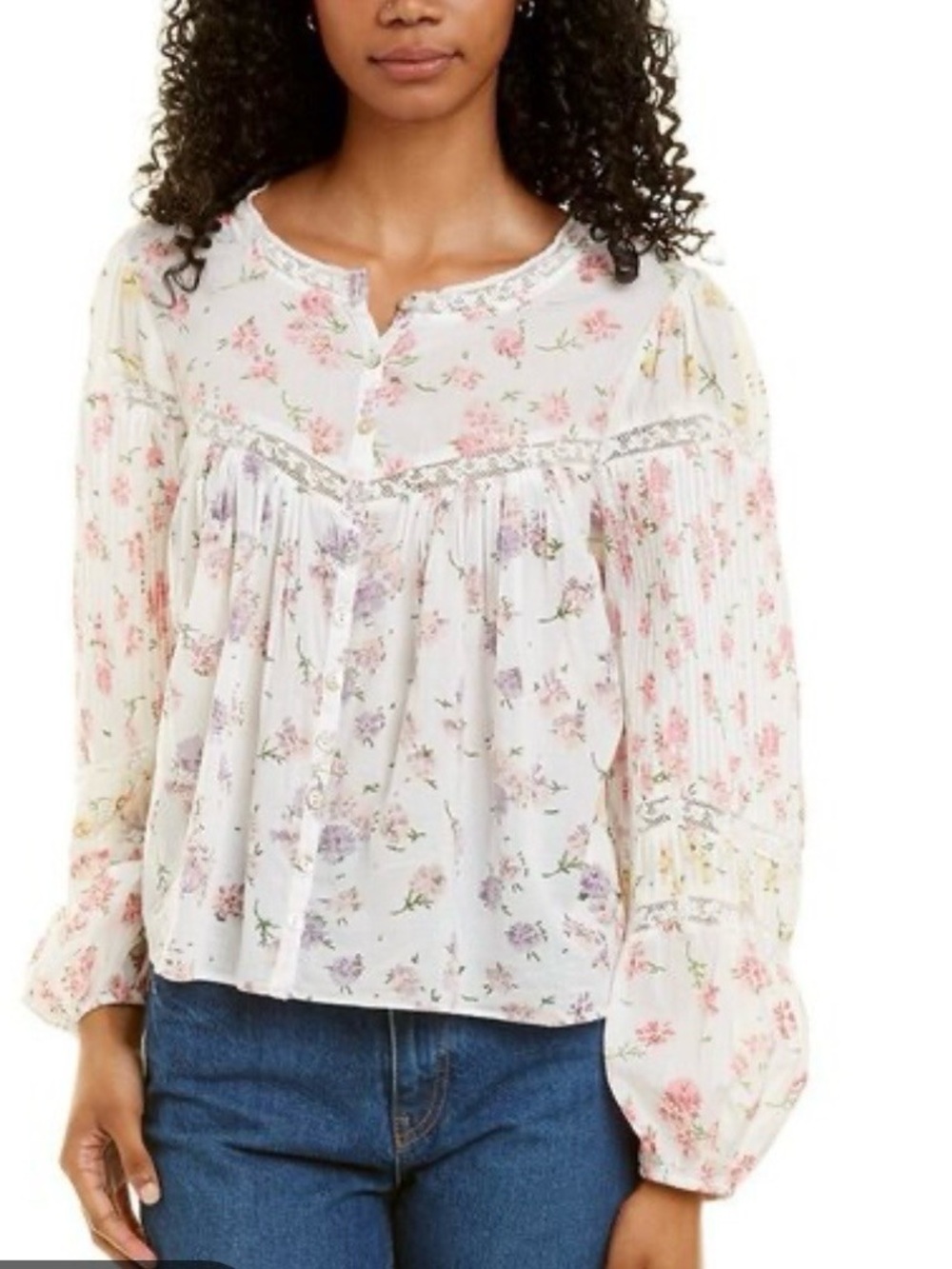 Cynthia Rowley Cream Floral Smocked Button-Front Blouse